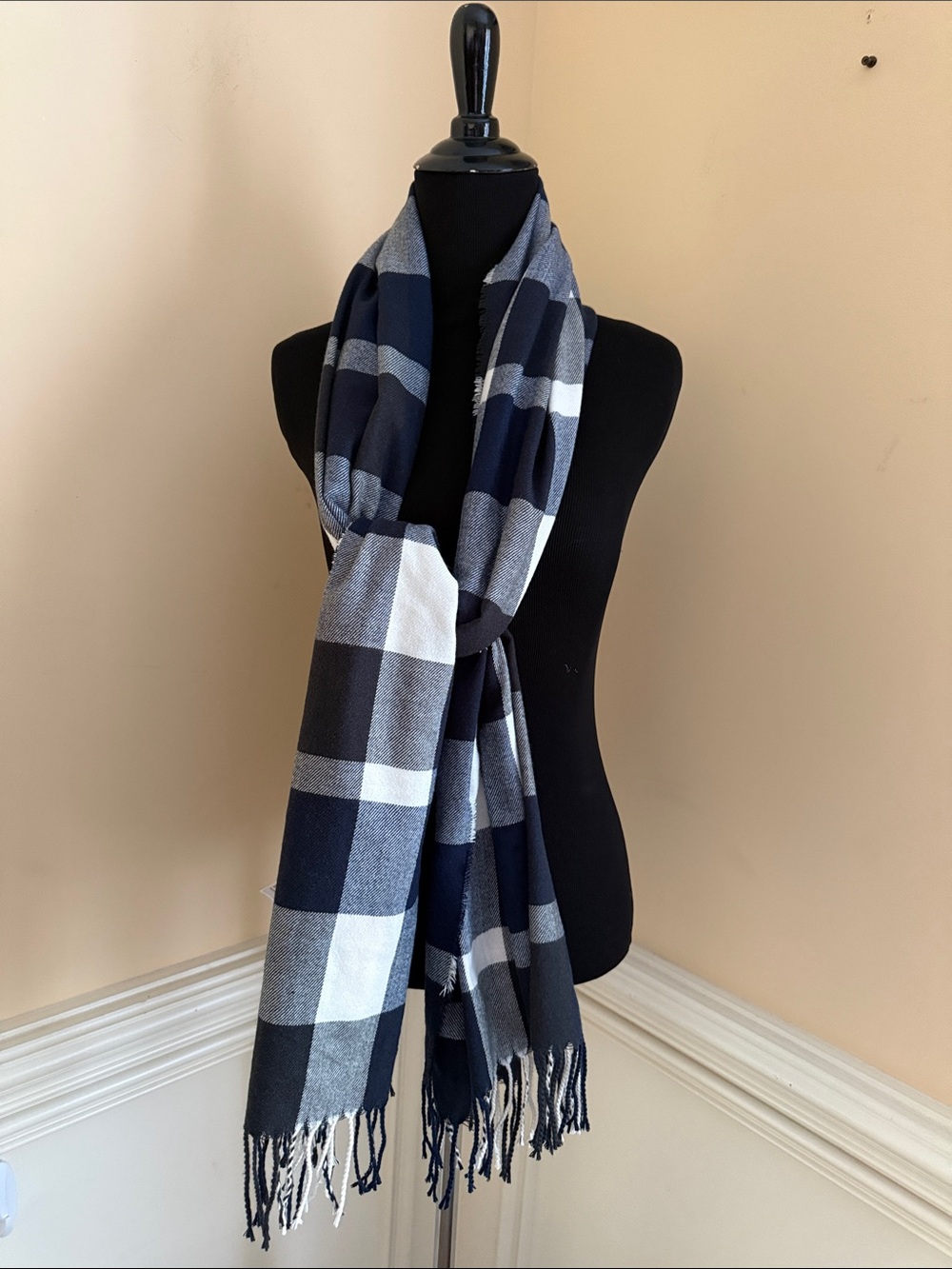 Plush Apparel Black and White Plaid Fringe Wrap Scarf One Size